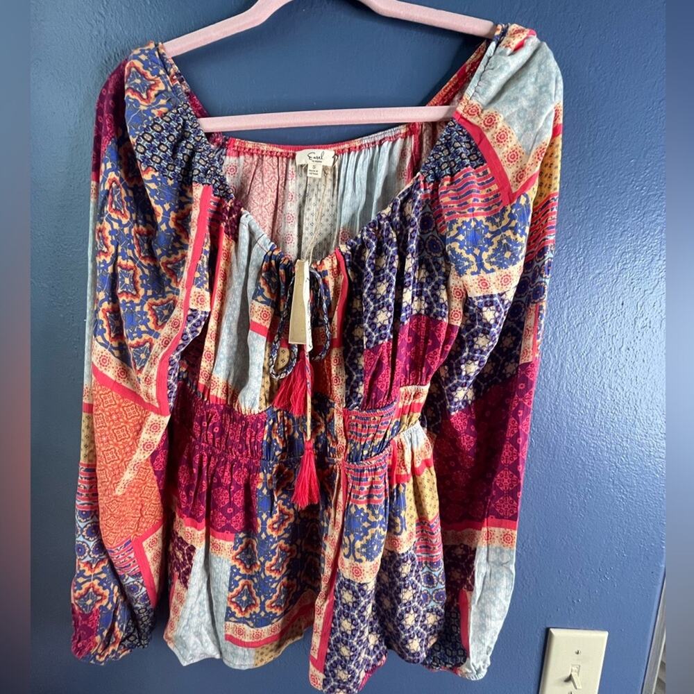 Easel Multicolor Boho Blouse Peasant Top long sleeve small NWT - Picture 2 of 5